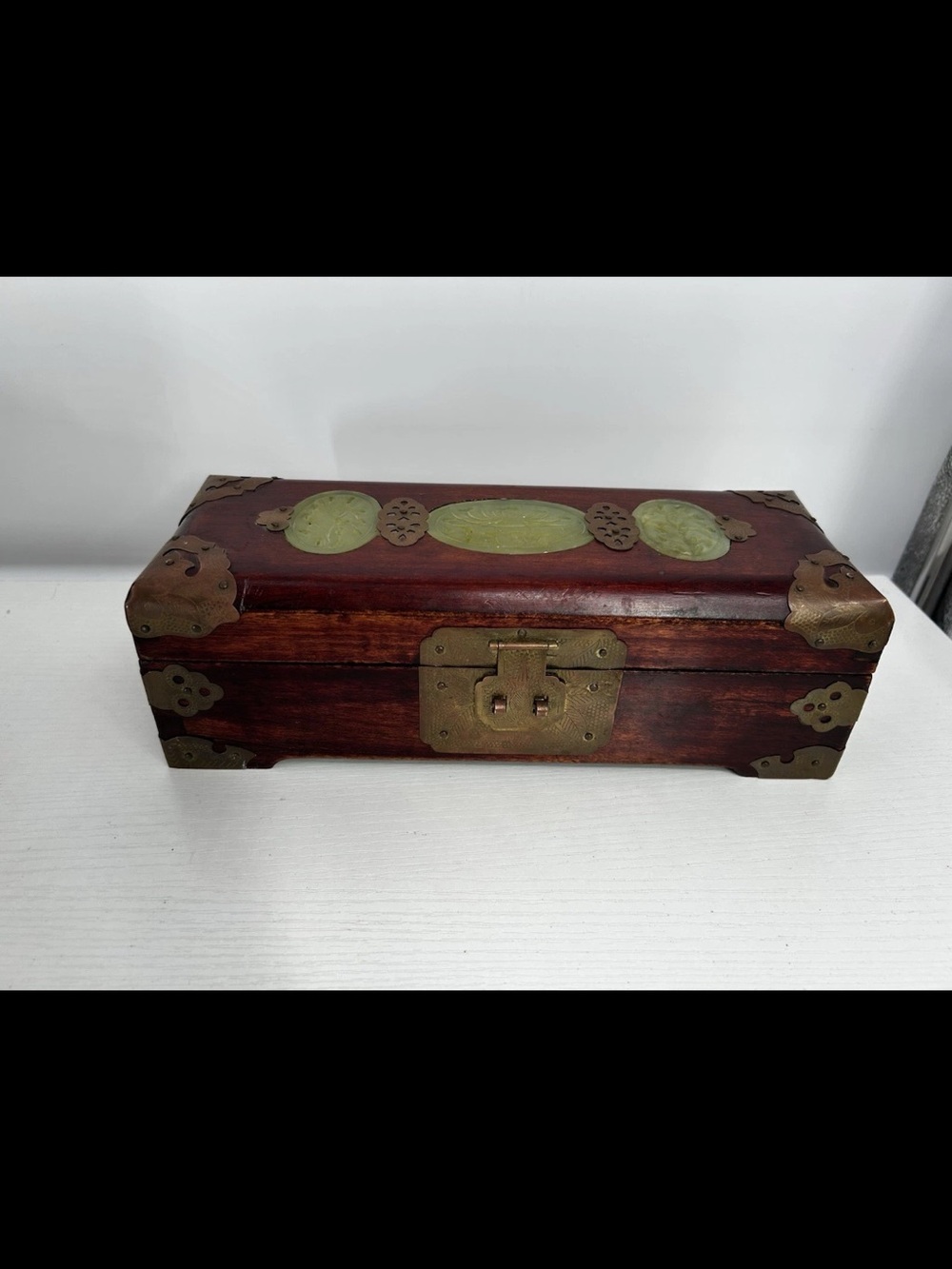 Vintage Shanghai China Rosewood Jewelry Box Carved Jade Plaques Brass Silk Lined